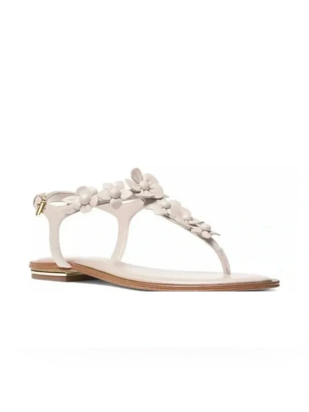 Michael Kors “Tricia” White Floral T-Strap Sandal with Gold Trim
